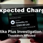 A person holds a smartphone displaying a transaction notification for “Domestika, Inc” with a charge of $369.00 CAD. Overlaid text reads “Unexpected Charges?” and “Domestika Plus Investigation Update – Thousands affected.” The background is blurred, focusing on the phone screen.