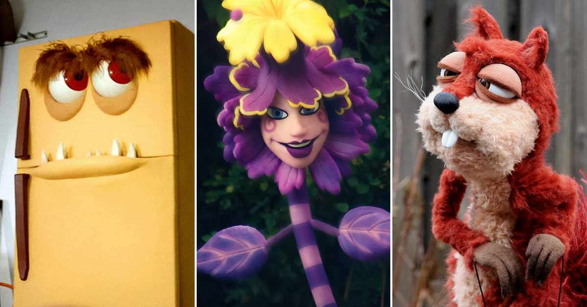 Three side-by-side images of expressive character puppets. On the left, a beige refrigerator is styled as a face with droopy red eyes, bushy brown eyebrows, a horizontal mouth with four small pointed teeth, and a brown handle. In the center, a purple flower character with layered petals framing a human-like face smiles mischievously beneath a large yellow blossom, with a striped purple stem and leaf-like arms. On the right, a red squirrel puppet with fluffy fur, half-closed eyes, a black nose, long white whiskers, and oversized front teeth stands with its small paws raised against a blurred outdoor background.