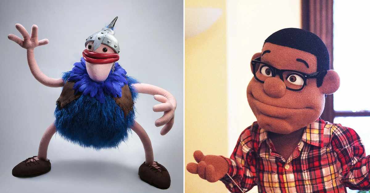 Split image showing two puppets side by side. On the left, a whimsical Viking-style puppet stands with long, thin pink arms and legs, oversized brown shoes, a shaggy blue furry tunic with a feathered blue collar, large red lips, and a silver horned helmet, raising one hand in a playful pose against a plain gray background. On the right, a human-like puppet with medium-brown fabric skin, short black hair, black glasses, and a red plaid button-up shirt shrugs with both hands raised while standing indoors near a bright window.