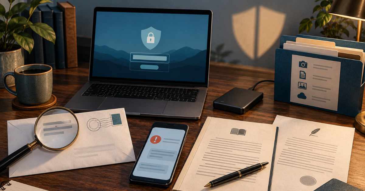 A warmly lit wooden desk with a laptop displaying a lock and shield security graphic, surrounded by documents, a magnifying glass, smartphone, external drive, file folders, pen, coffee mug, and plants, suggesting digital security and document verification.