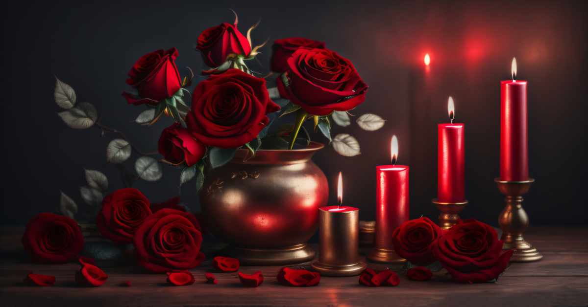 A still life of red roses and candles. The power and passion of favourite colour red.